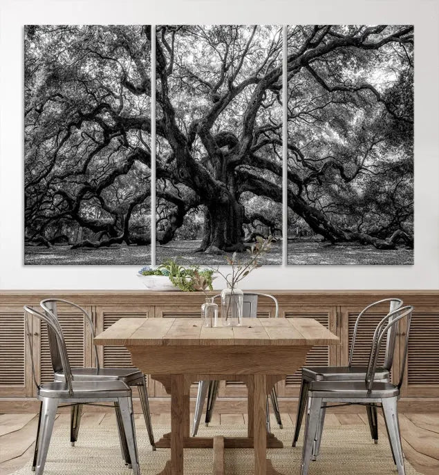 The living room features the Black and White Old Angel Oak Tree Wall Art Canvas Print, showcasing a three-panel black and white tree artwork.