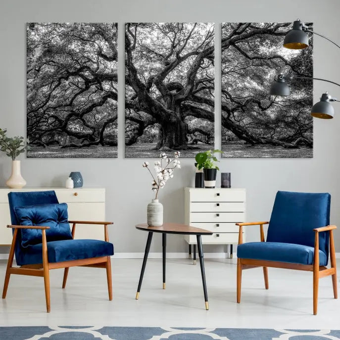 The living room features the Black and White Old Angel Oak Tree Wall Art Canvas Print, showcasing a three-panel black and white tree artwork.