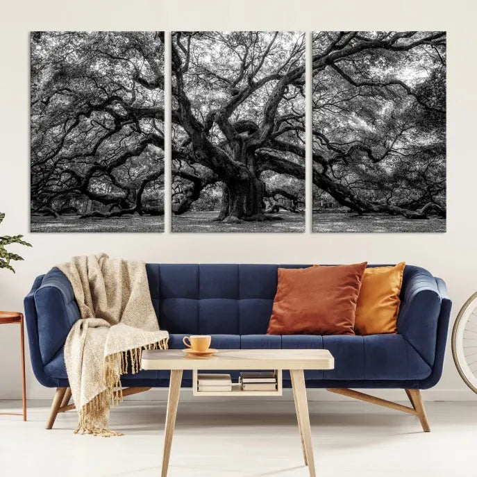 The living room features the Black and White Old Angel Oak Tree Wall Art Canvas Print, showcasing a three-panel black and white tree artwork.