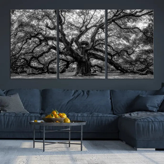 The living room features the Black and White Old Angel Oak Tree Wall Art Canvas Print, showcasing a three-panel black and white tree artwork.