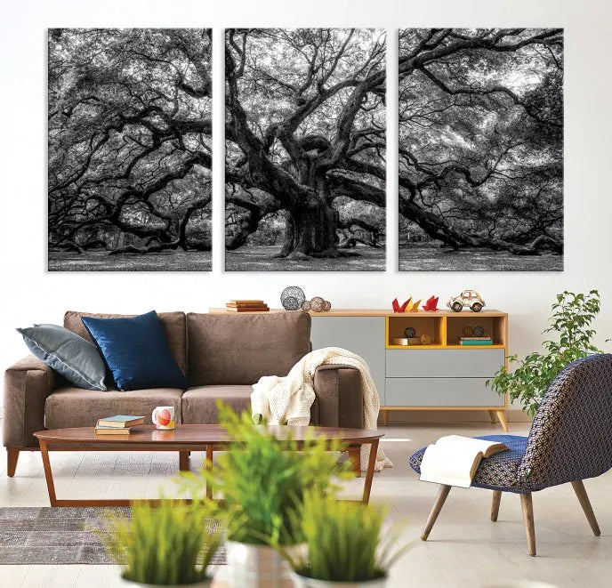 The living room features the Black and White Old Angel Oak Tree Wall Art Canvas Print, showcasing a three-panel black and white tree artwork.