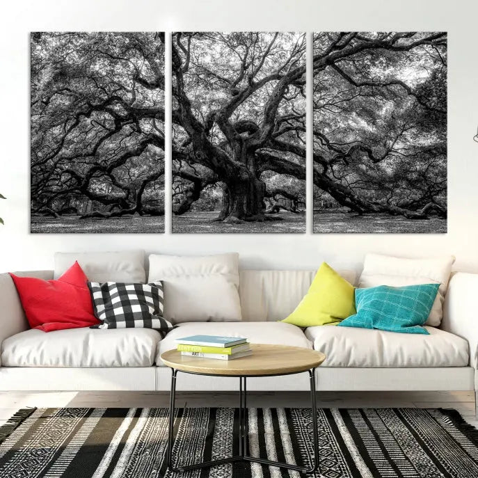 The living room features the Black and White Old Angel Oak Tree Wall Art Canvas Print, showcasing a three-panel black and white tree artwork.