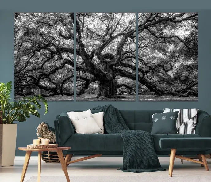 The living room features the Black and White Old Angel Oak Tree Wall Art Canvas Print, showcasing a three-panel black and white tree artwork.