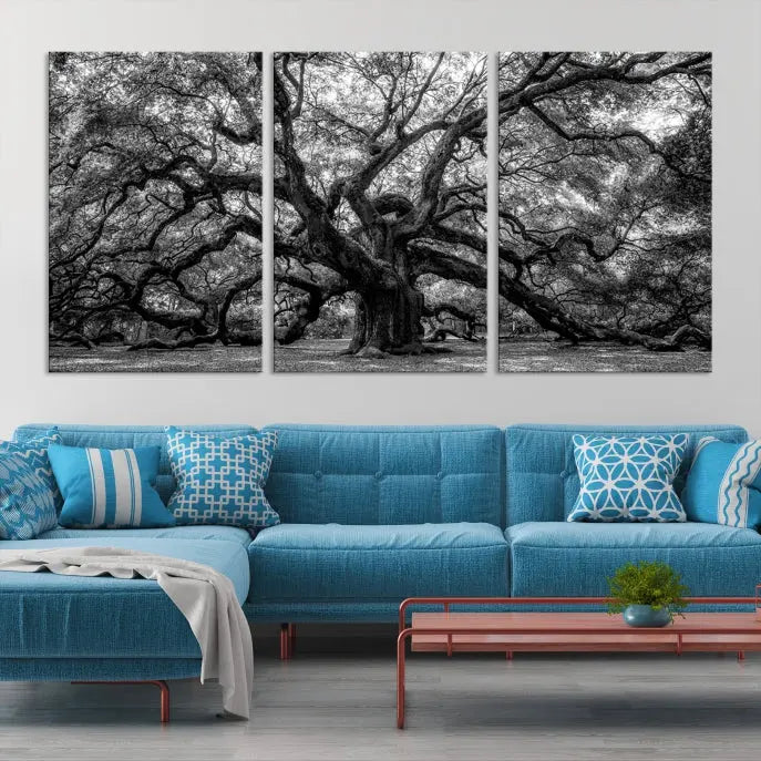 The living room features the Black and White Old Angel Oak Tree Wall Art Canvas Print, showcasing a three-panel black and white tree artwork.