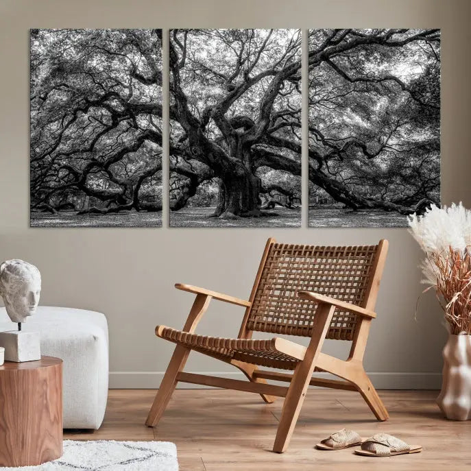 The living room features the Black and White Old Angel Oak Tree Wall Art Canvas Print, showcasing a three-panel black and white tree artwork.