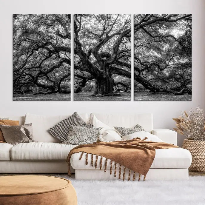 The living room features the Black and White Old Angel Oak Tree Wall Art Canvas Print, showcasing a three-panel black and white tree artwork.