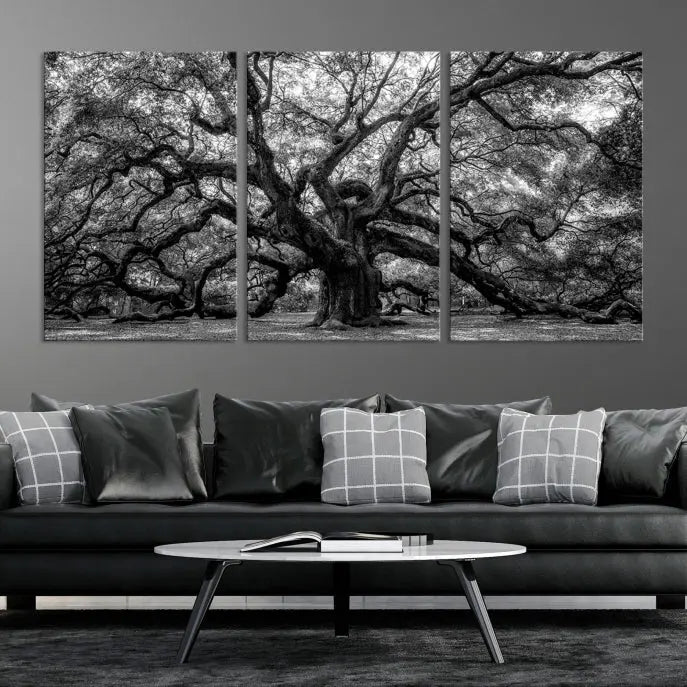 The living room features the Black and White Old Angel Oak Tree Wall Art Canvas Print, showcasing a three-panel black and white tree artwork.