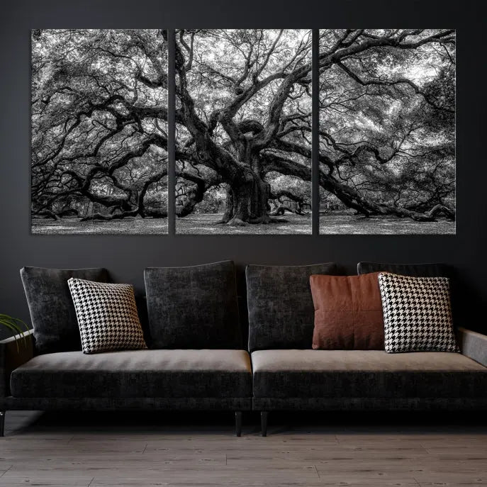 The living room features the Black and White Old Angel Oak Tree Wall Art Canvas Print, showcasing a three-panel black and white tree artwork.