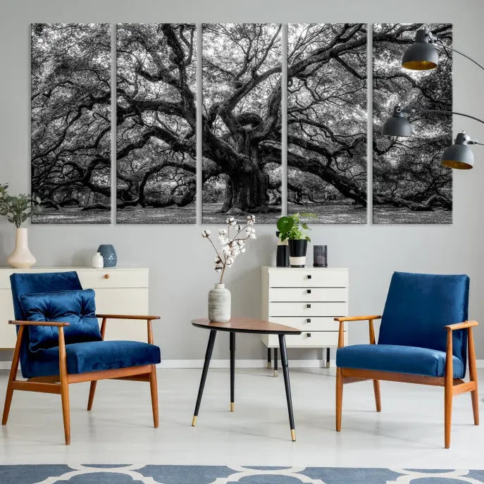 The living room features the Black and White Old Angel Oak Tree Wall Art Canvas Print, showcasing a three-panel black and white tree artwork.