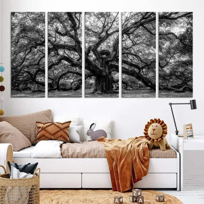 The living room features the Black and White Old Angel Oak Tree Wall Art Canvas Print, showcasing a three-panel black and white tree artwork.