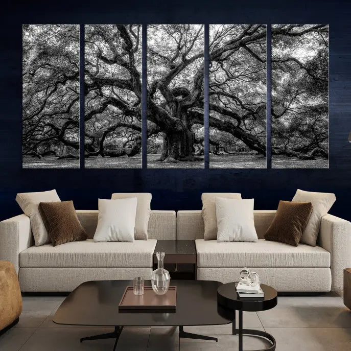 The living room features the Black and White Old Angel Oak Tree Wall Art Canvas Print, showcasing a three-panel black and white tree artwork.