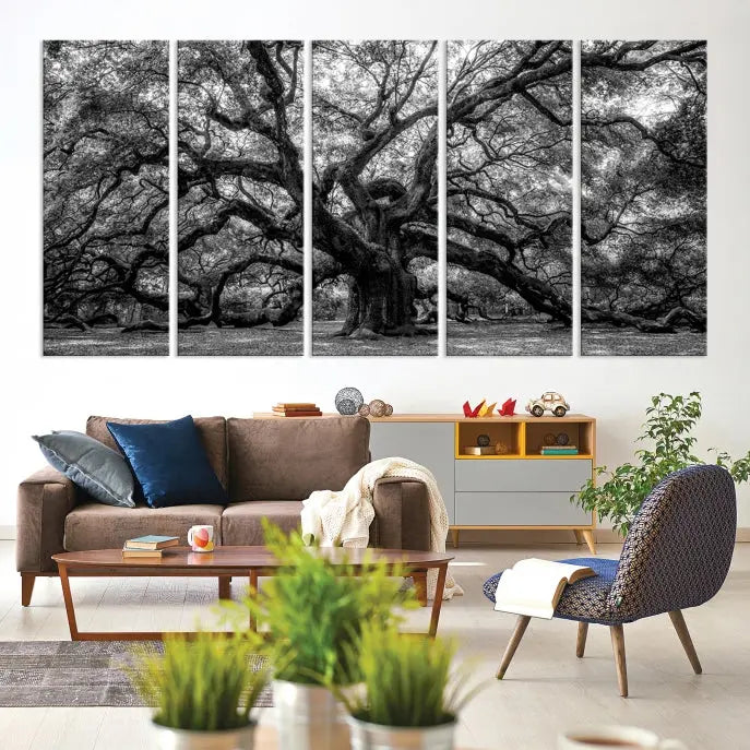 The living room features the Black and White Old Angel Oak Tree Wall Art Canvas Print, showcasing a three-panel black and white tree artwork.