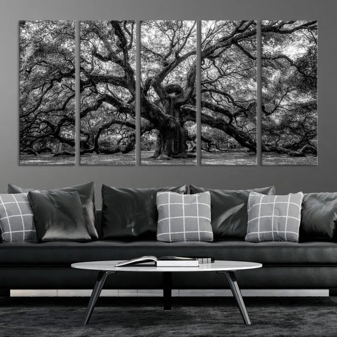 The living room features the Black and White Old Angel Oak Tree Wall Art Canvas Print, showcasing a three-panel black and white tree artwork.