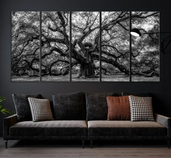 The living room features the Black and White Old Angel Oak Tree Wall Art Canvas Print, showcasing a three-panel black and white tree artwork.