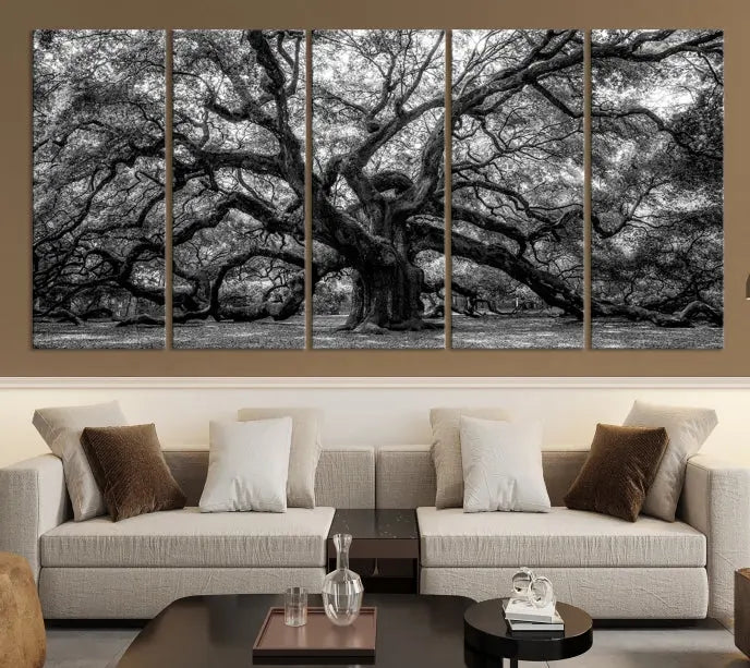 The living room features the Black and White Old Angel Oak Tree Wall Art Canvas Print, showcasing a three-panel black and white tree artwork.