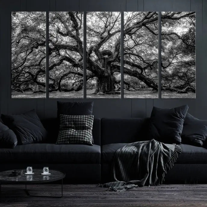 The living room features the Black and White Old Angel Oak Tree Wall Art Canvas Print, showcasing a three-panel black and white tree artwork.