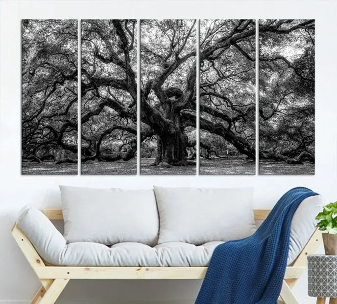 The living room features the Black and White Old Angel Oak Tree Wall Art Canvas Print, showcasing a three-panel black and white tree artwork.