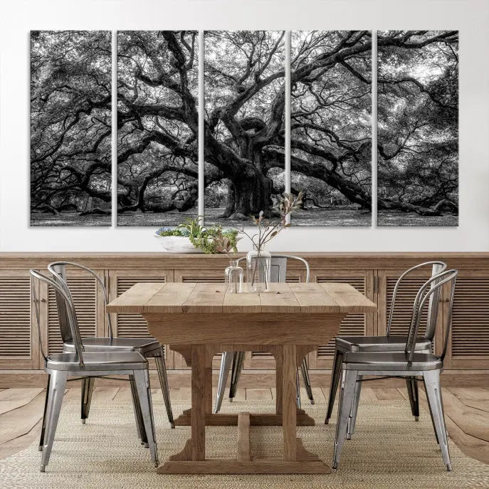 The living room features the Black and White Old Angel Oak Tree Wall Art Canvas Print, showcasing a three-panel black and white tree artwork.