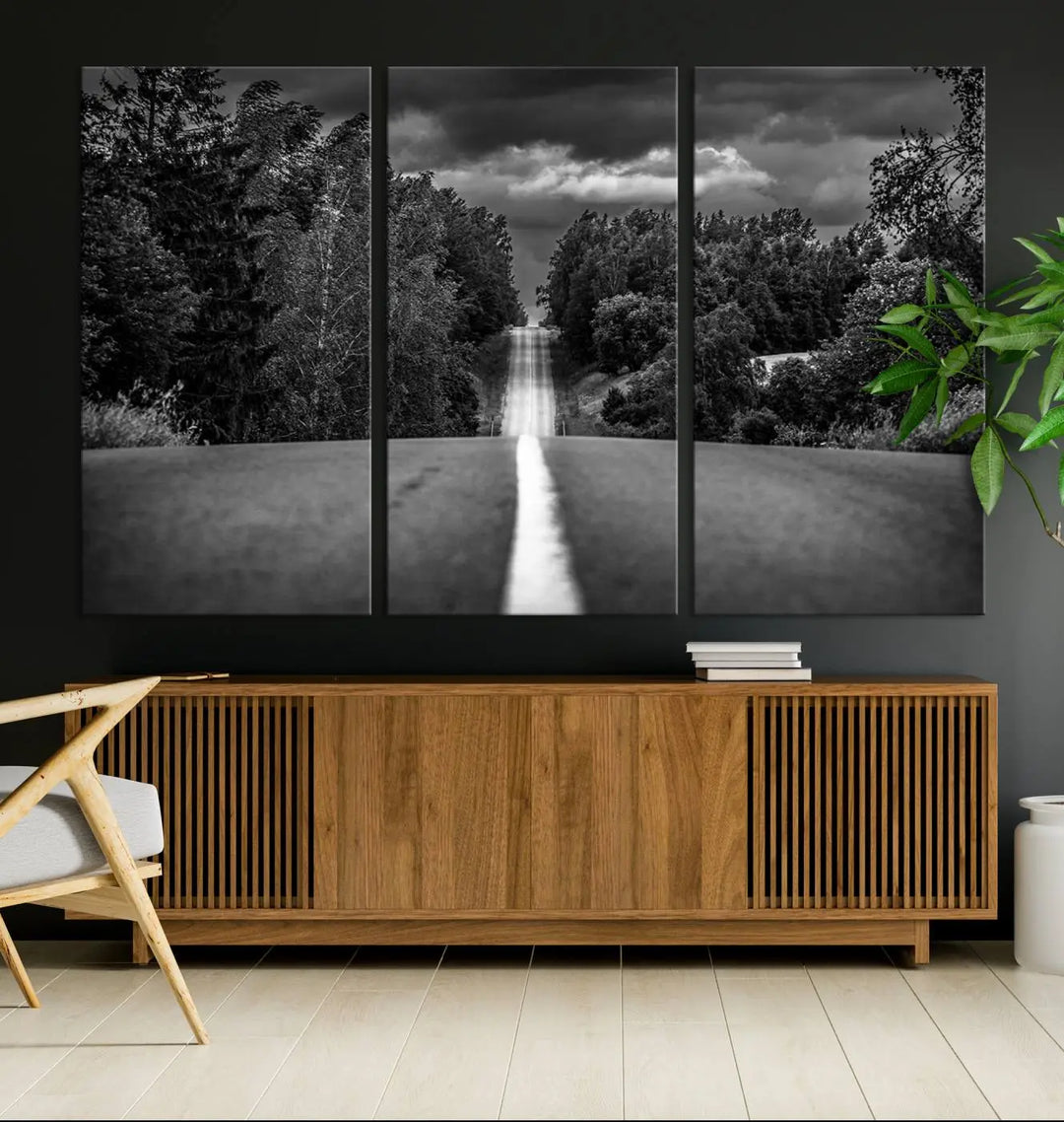 The Black and White Road in Forest Wall Art Canvas Print captures a rural road disappearing into the distance under cloudy skies, presented as a triptych. These gallery-wrapped canvases boast museum-quality construction and a UV-protective coating.