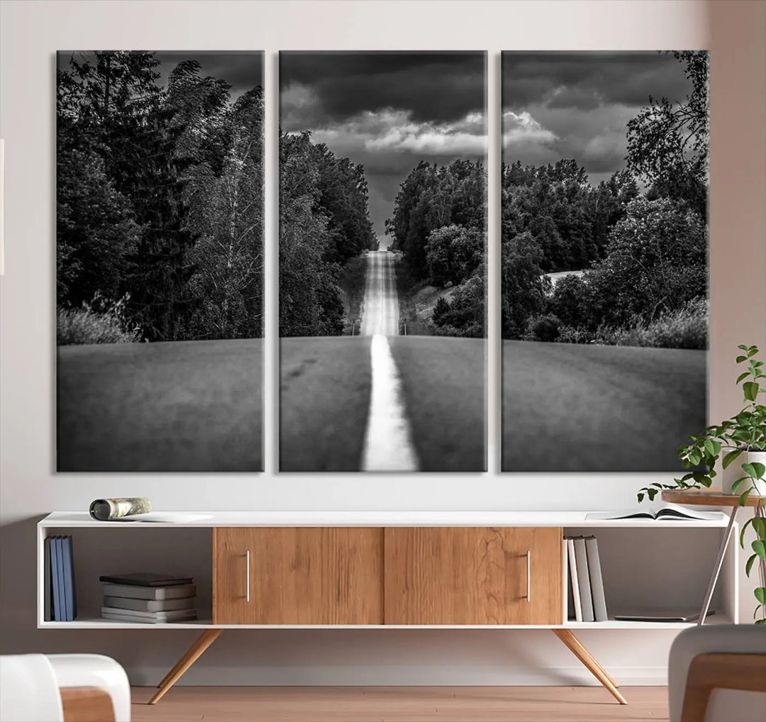 The Black and White Road in Forest Wall Art Canvas Print captures a rural road disappearing into the distance under cloudy skies, presented as a triptych. These gallery-wrapped canvases boast museum-quality construction and a UV-protective coating.