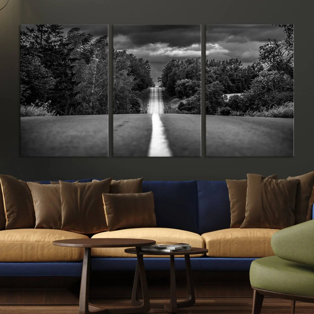 The Black and White Road in Forest Wall Art Canvas Print captures a rural road disappearing into the distance under cloudy skies, presented as a triptych. These gallery-wrapped canvases boast museum-quality construction and a UV-protective coating.