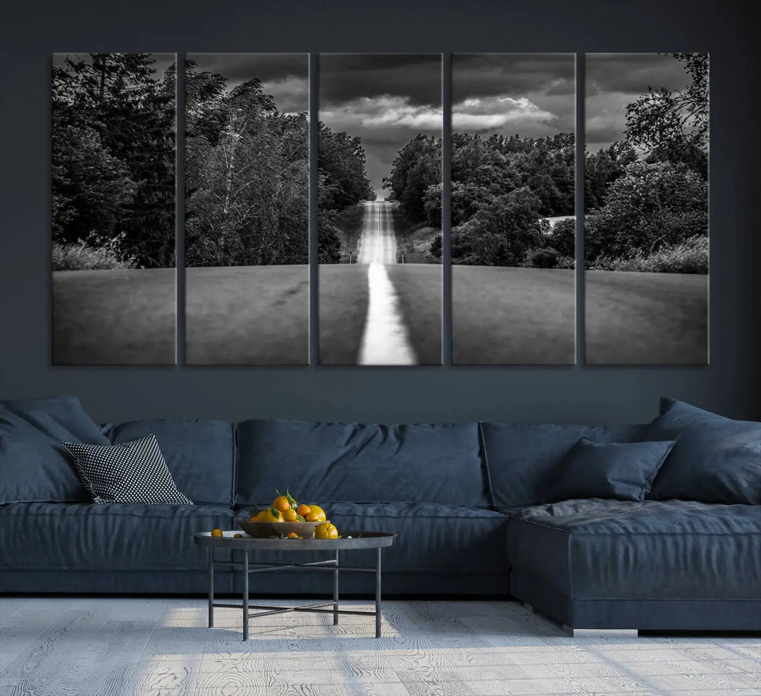 The Black and White Road in Forest Wall Art Canvas Print captures a rural road disappearing into the distance under cloudy skies, presented as a triptych. These gallery-wrapped canvases boast museum-quality construction and a UV-protective coating.