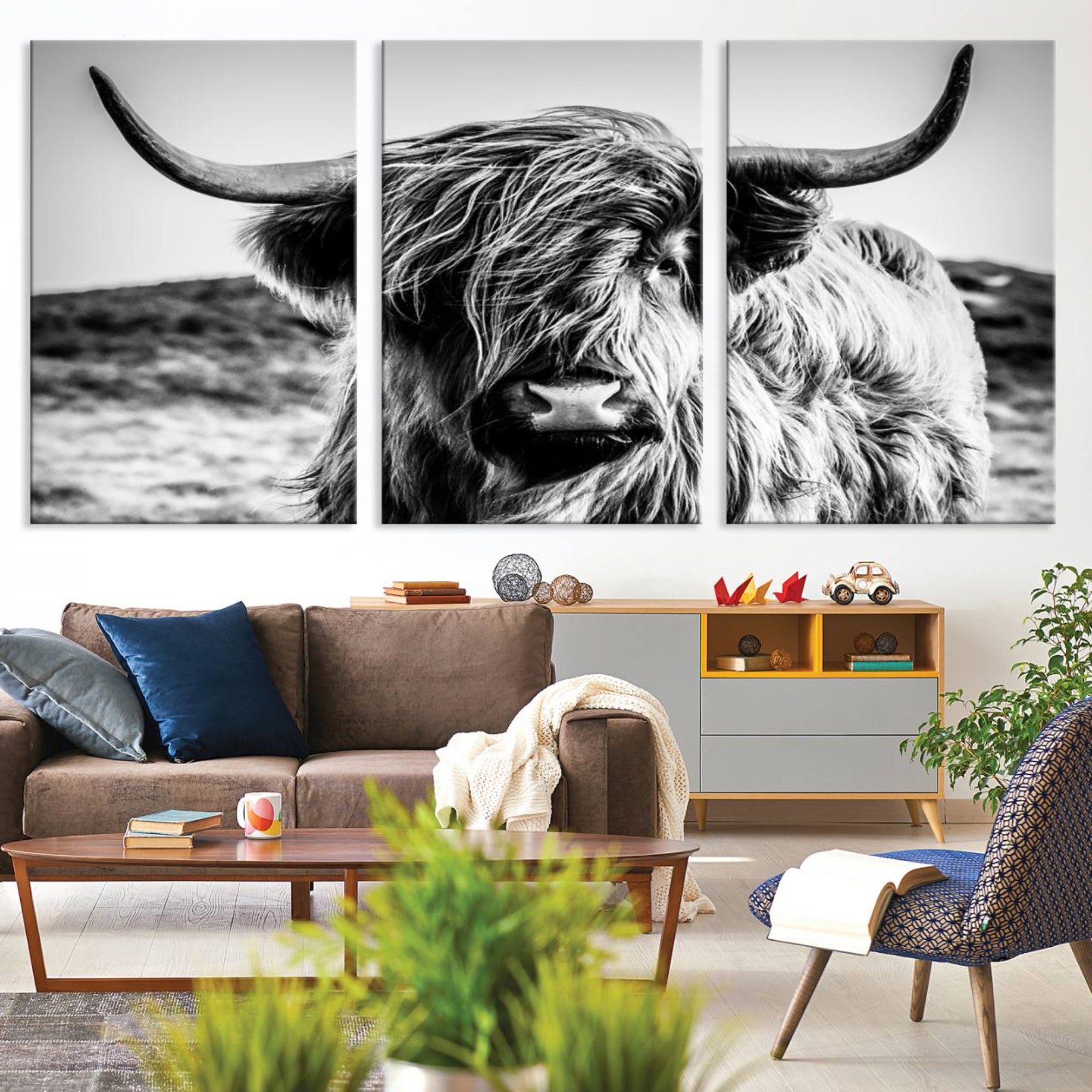 54309-MGV-CV-36X24-Black and White Scottish Cow Canvas Wall Art Highland Cattle Canvas Print for Farmhouse Decor