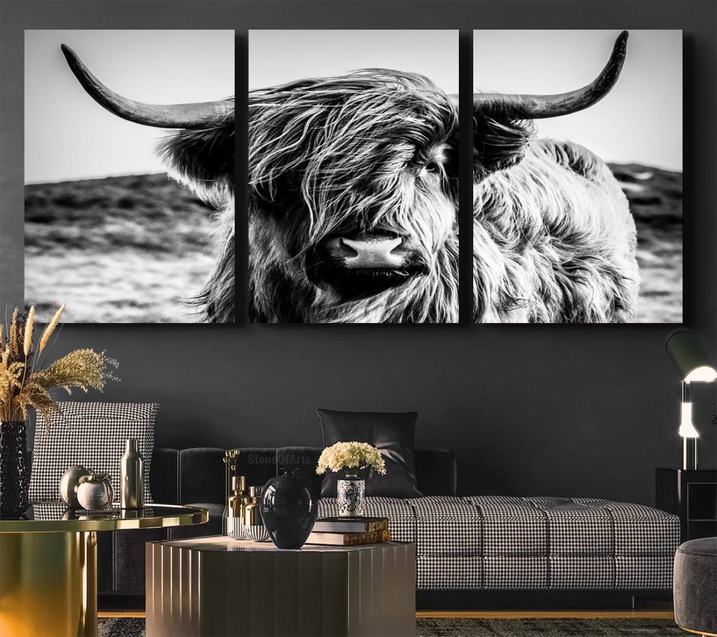 54309-MGV-CV-36X24-Black and White Scottish Cow Canvas Wall Art Highland Cattle Canvas Print for Farmhouse Decor