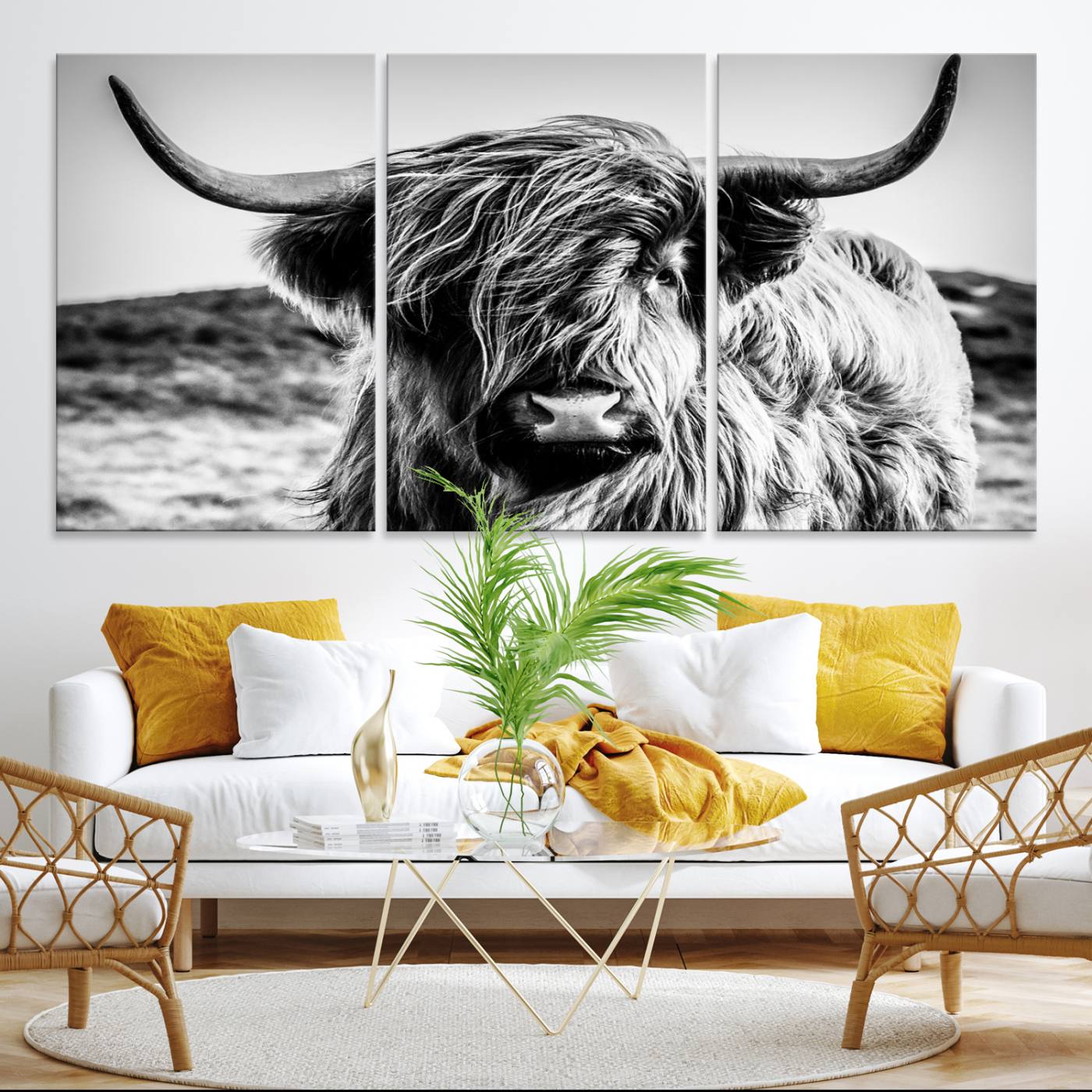 Black and White Scottish Cow Canvas Wall Art Highland Cattle Canvas Print for Farmhouse Decor