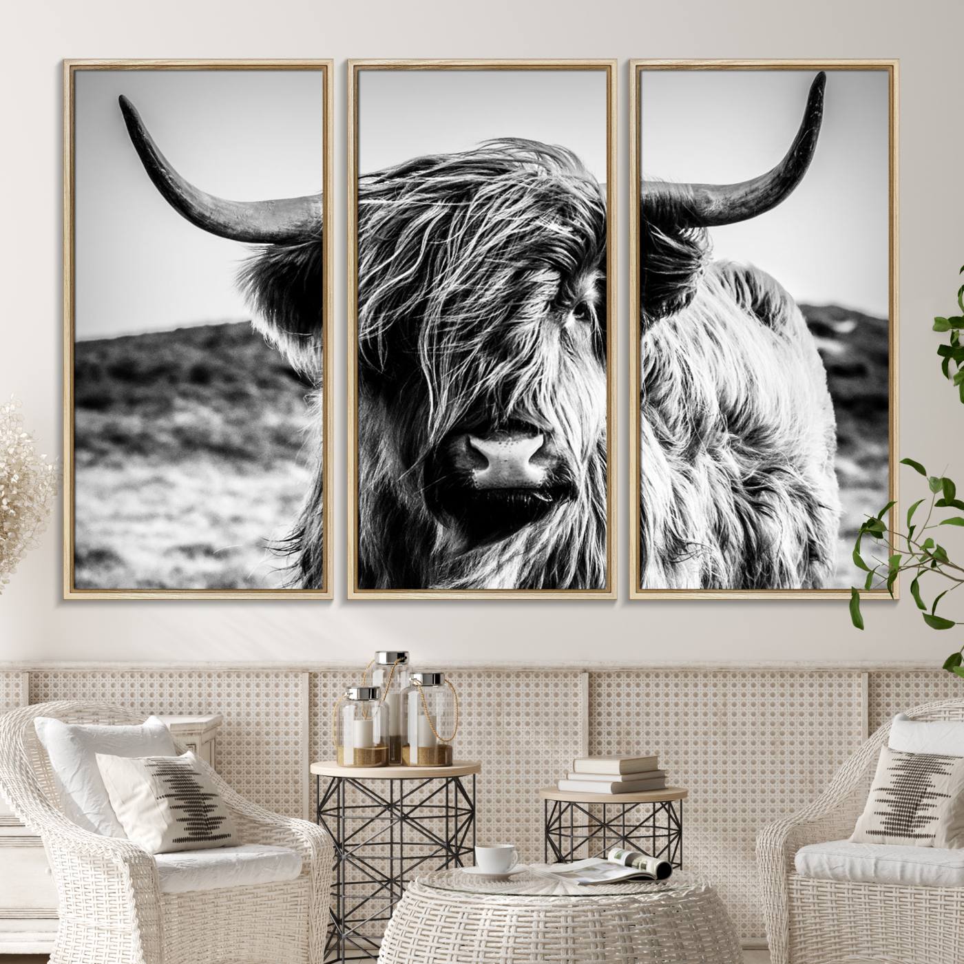54309-MGV-CV-36X24-Black and White Scottish Cow Canvas Wall Art Highland Cattle Canvas Print for Farmhouse Decor