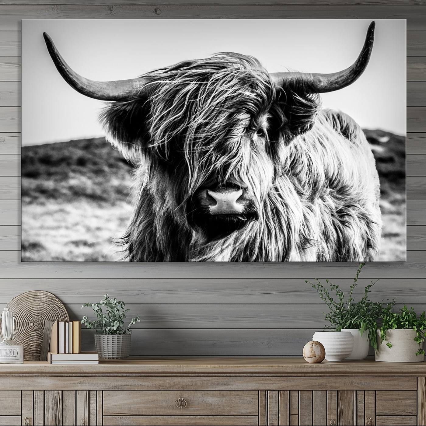 Black and White Scottish Cow Canvas Wall Art Highland Cattle Canvas Print for Farmhouse Decor