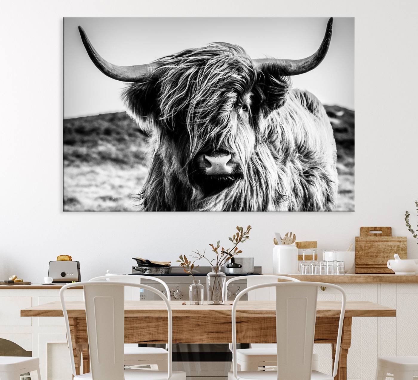 54309-MGV-CV-40X27-Black and White Scottish Cow Canvas Wall Art Highland Cattle Canvas Print for Farmhouse Decor
