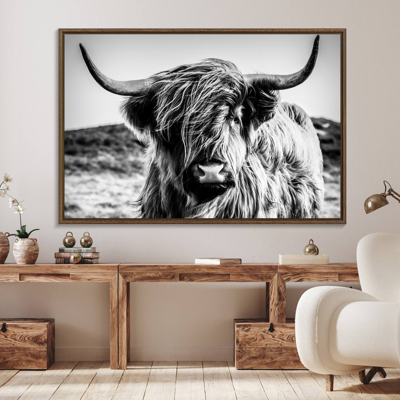 Black and White Scottish Cow Canvas Wall Art Highland Cattle Canvas Print for Farmhouse Decor
