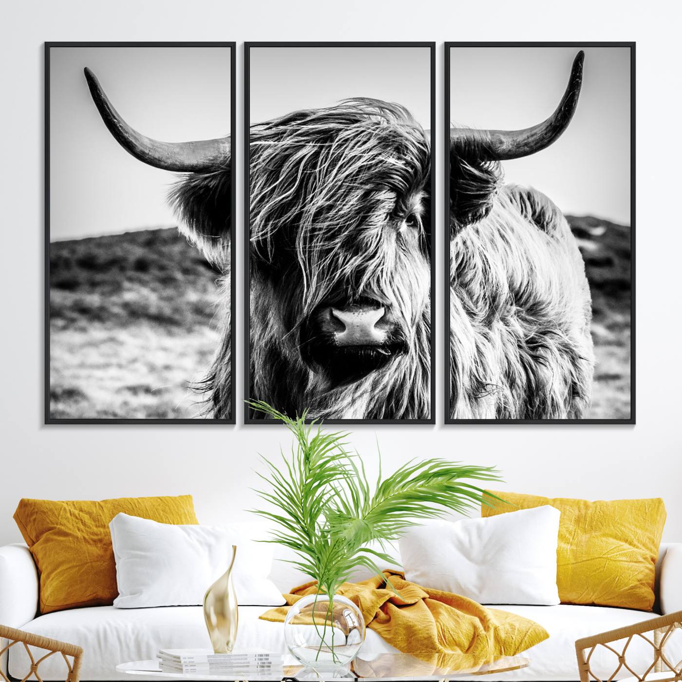 54309-MGV-FC-48X32-3P_Black-Black and White Scottish Cow Canvas Wall Art Highland Cattle Canvas Print for Farmhouse Decor