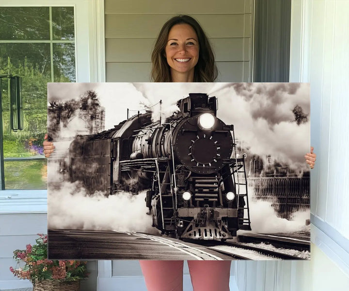 Black and White Steam Locomotive Canvas Art.