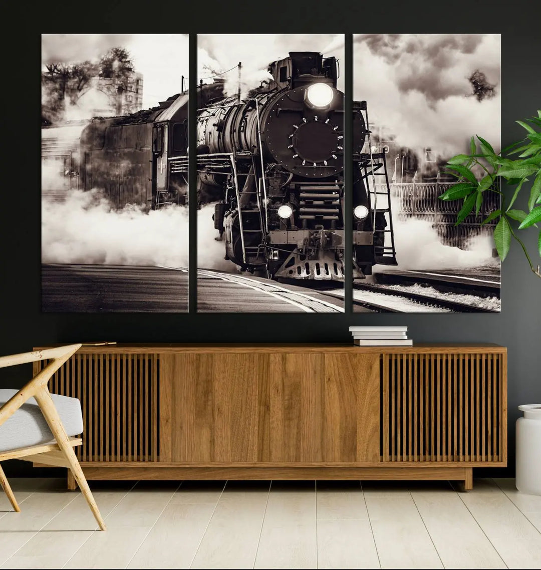 Black and White Steam Locomotive Canvas Art.