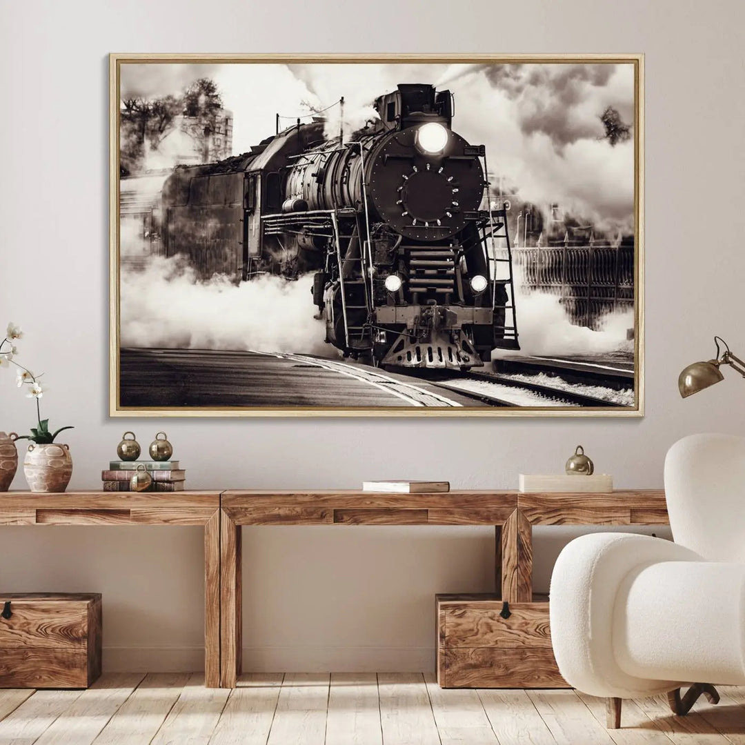 Black and White Steam Locomotive Canvas Art.