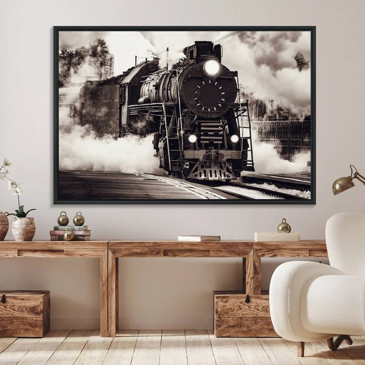 Black and White Steam Locomotive Canvas Art.