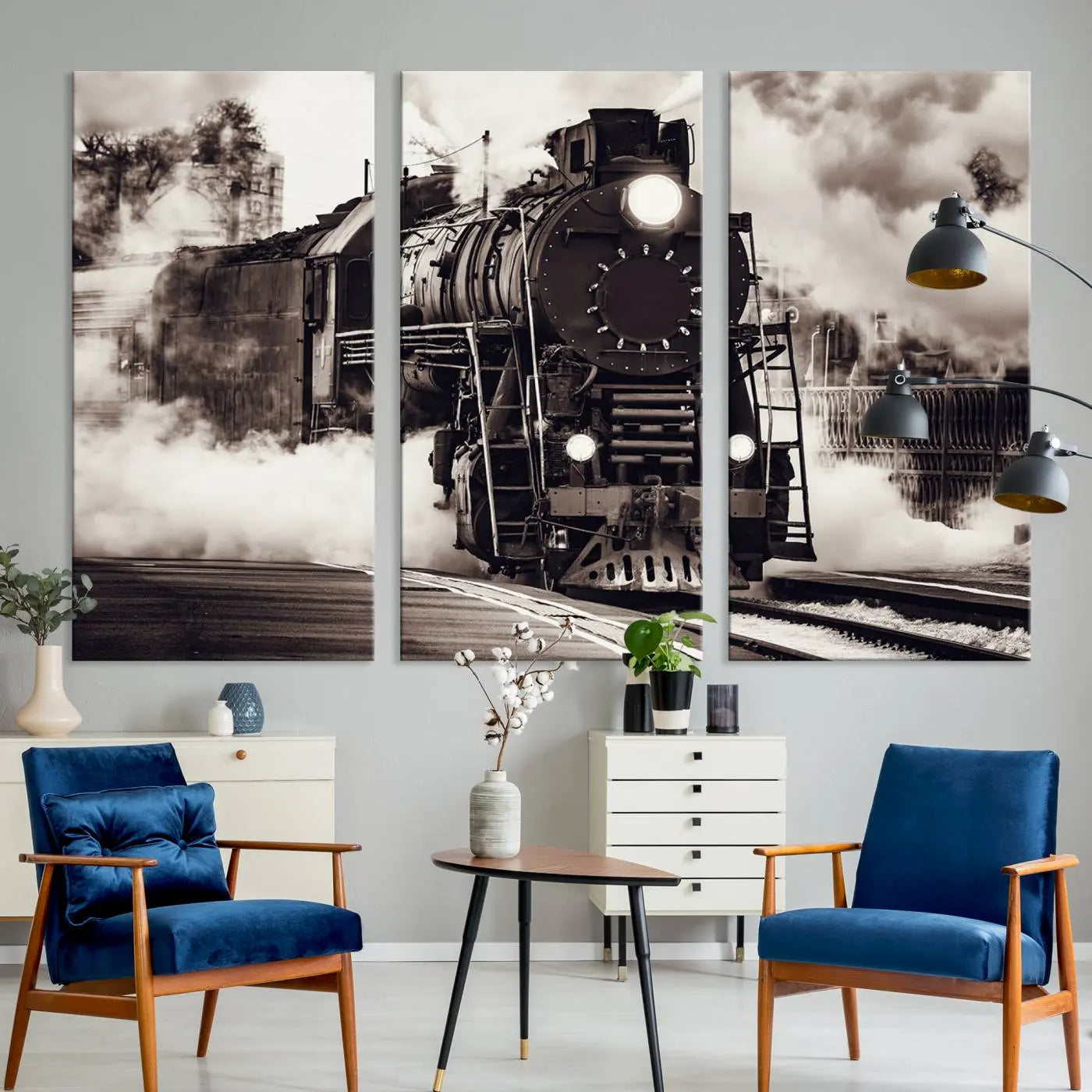 Black and White Steam Locomotive Canvas Wall Art Print