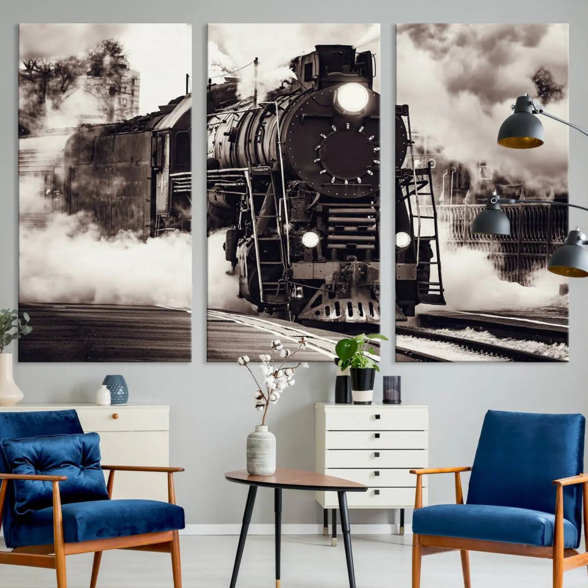 29695-MGV-CV-36X24-Black and White Steam Locomotive Canvas Wall Art Print