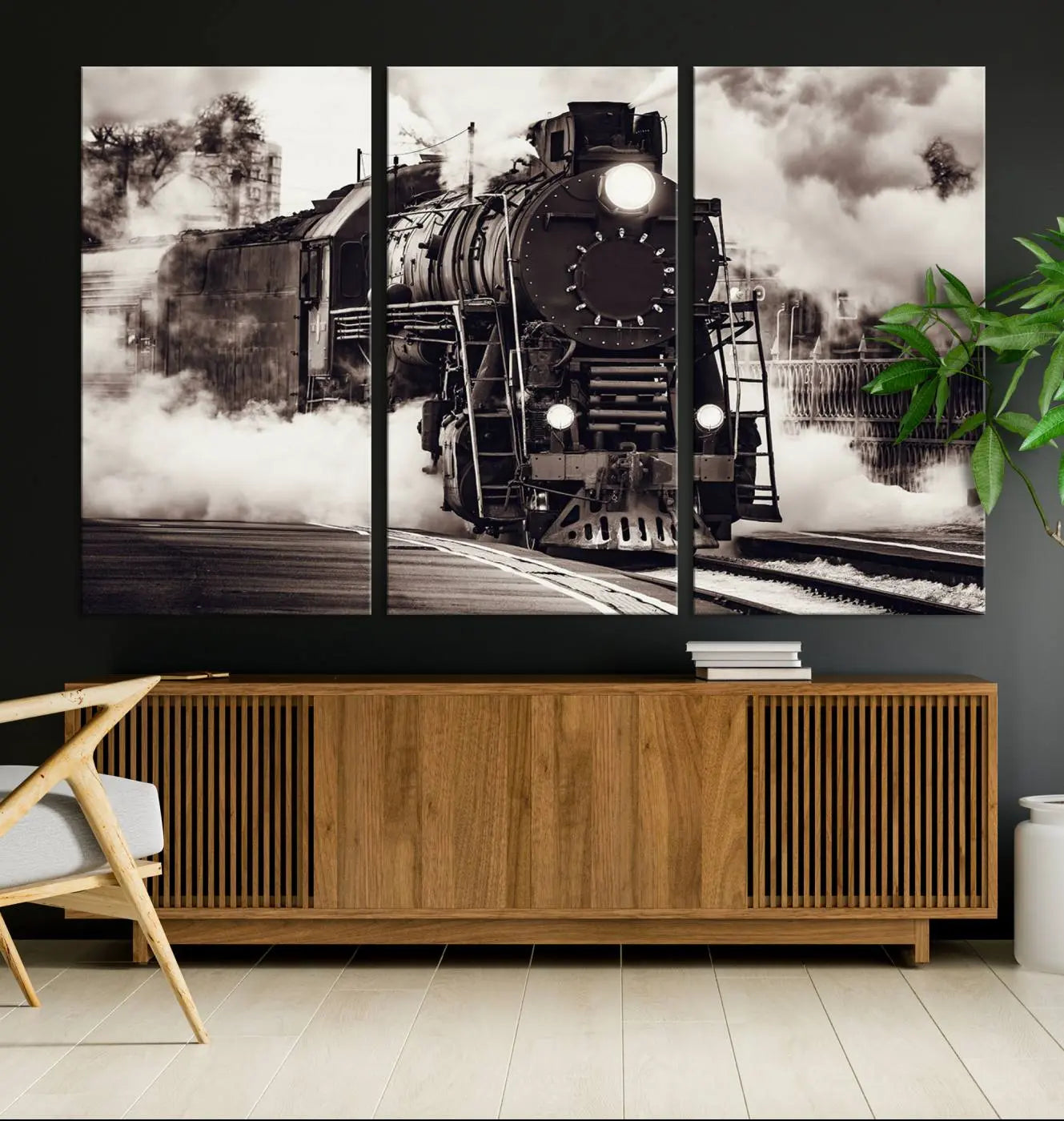 29695-MGV-CV-36X24-Black and White Steam Locomotive Canvas Wall Art Print
