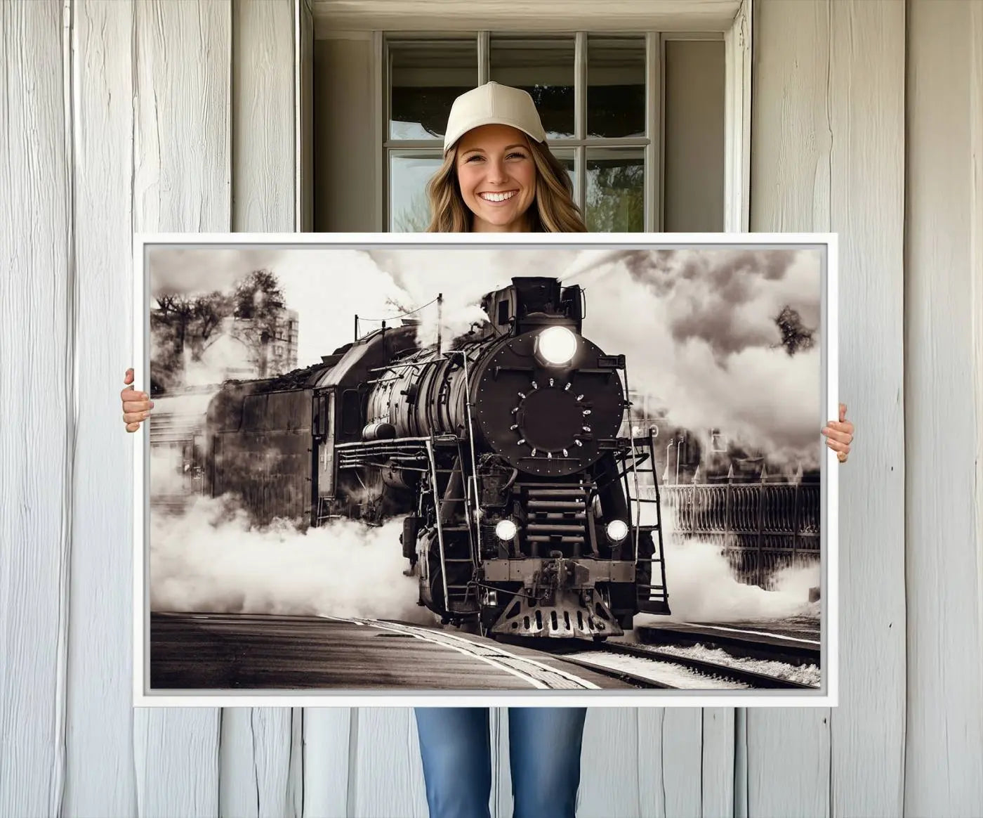29695-MGV-CV-36X24-Black and White Steam Locomotive Canvas Wall Art Print
