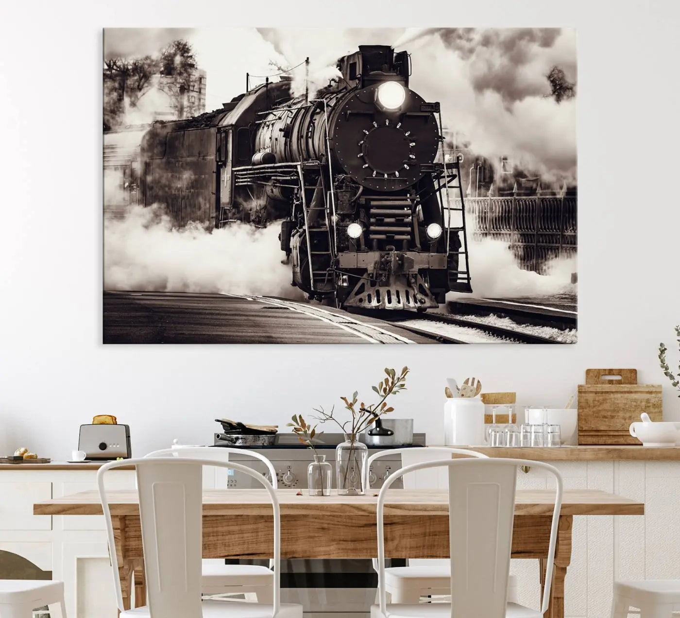 29695-MGV-CV-36X24-Black and White Steam Locomotive Canvas Wall Art Print