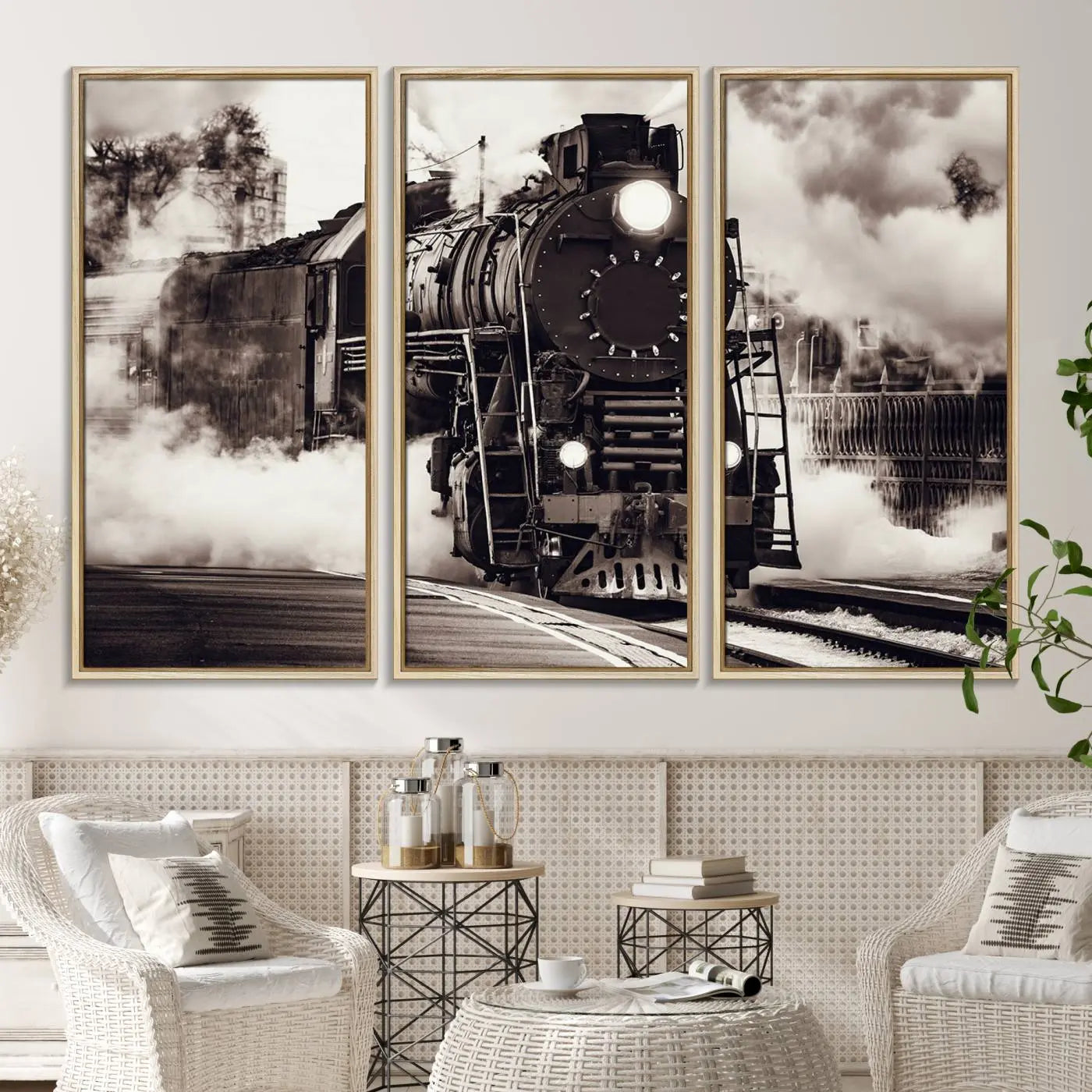 29695-MGV-CV-36X24-Black and White Steam Locomotive Canvas Wall Art Print