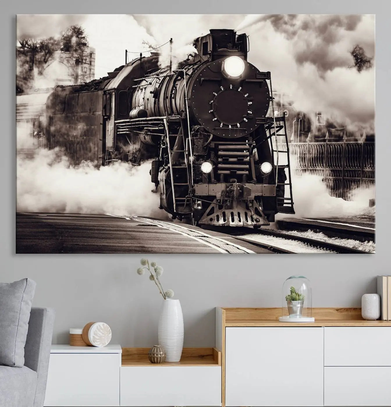 29695-MGV-CV-36X24-Black and White Steam Locomotive Canvas Wall Art Print