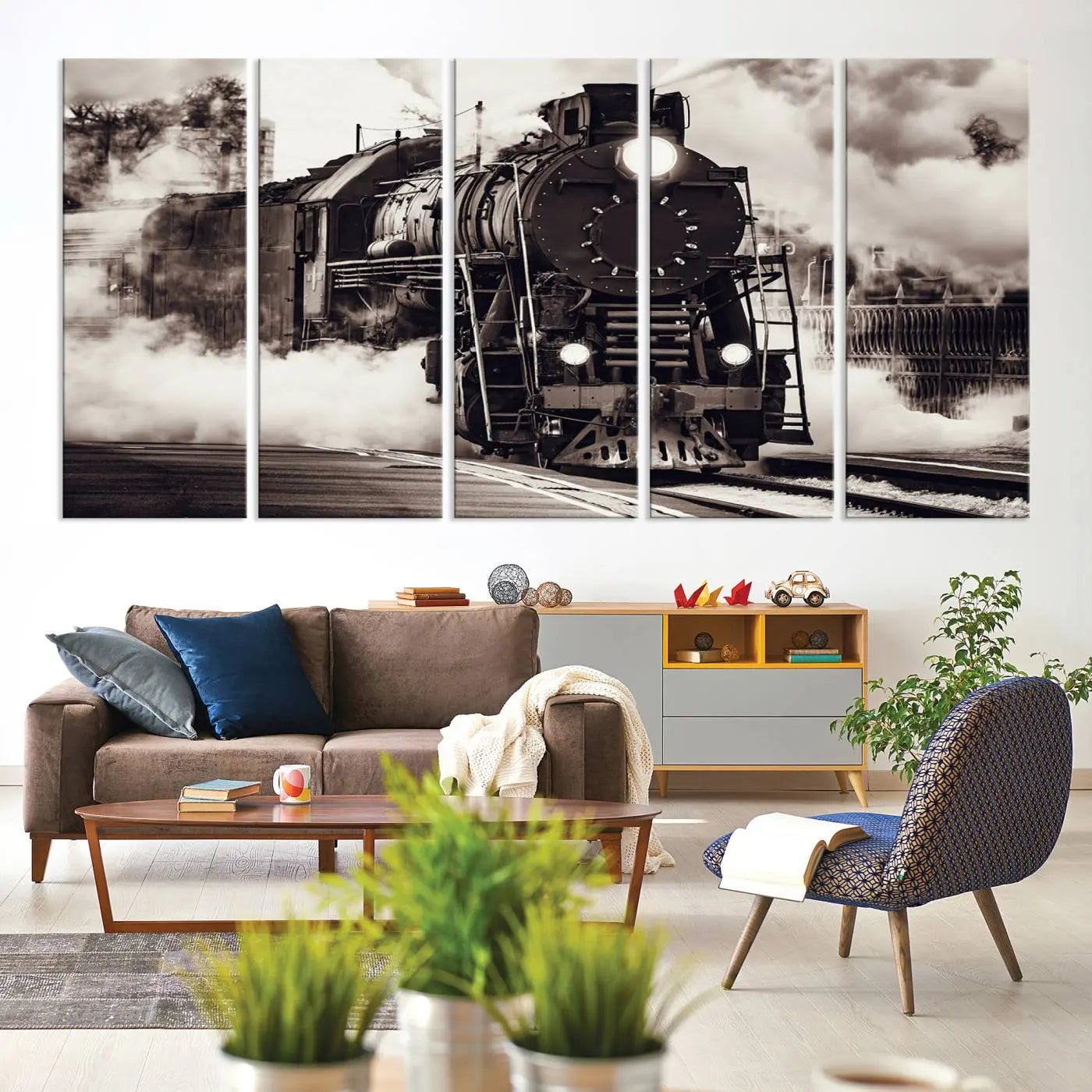 Black and White Steam Locomotive Canvas Wall Art Print