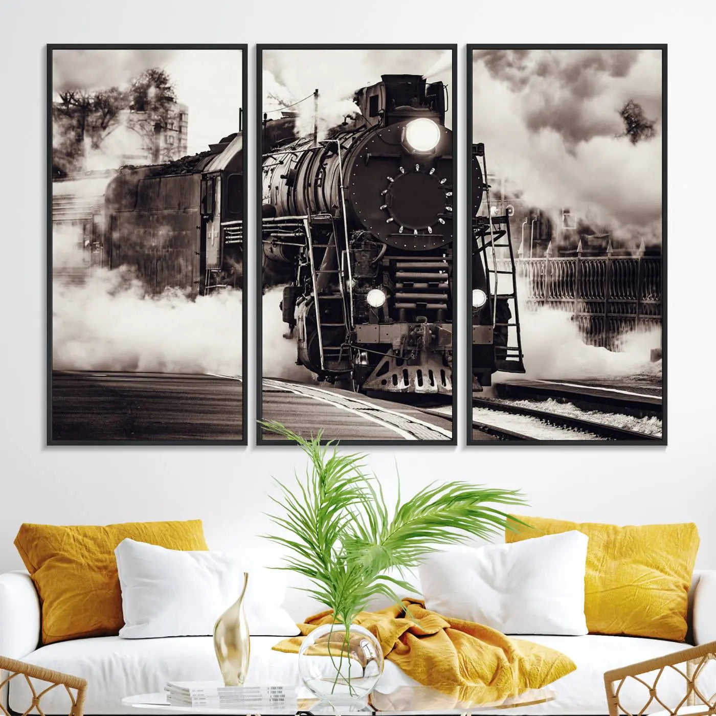 29695-MGV-FC-48X32-3P_Black-Black and White Steam Locomotive Canvas Wall Art Print