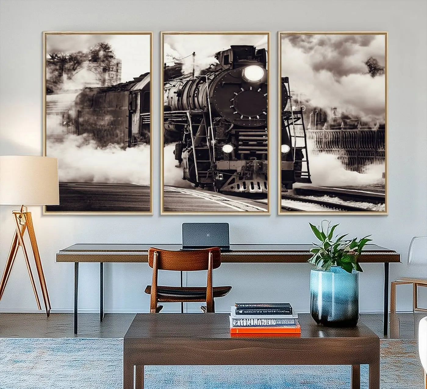 29695-MGV-FC-48X32-3P_Natural-Black and White Steam Locomotive Canvas Wall Art Print