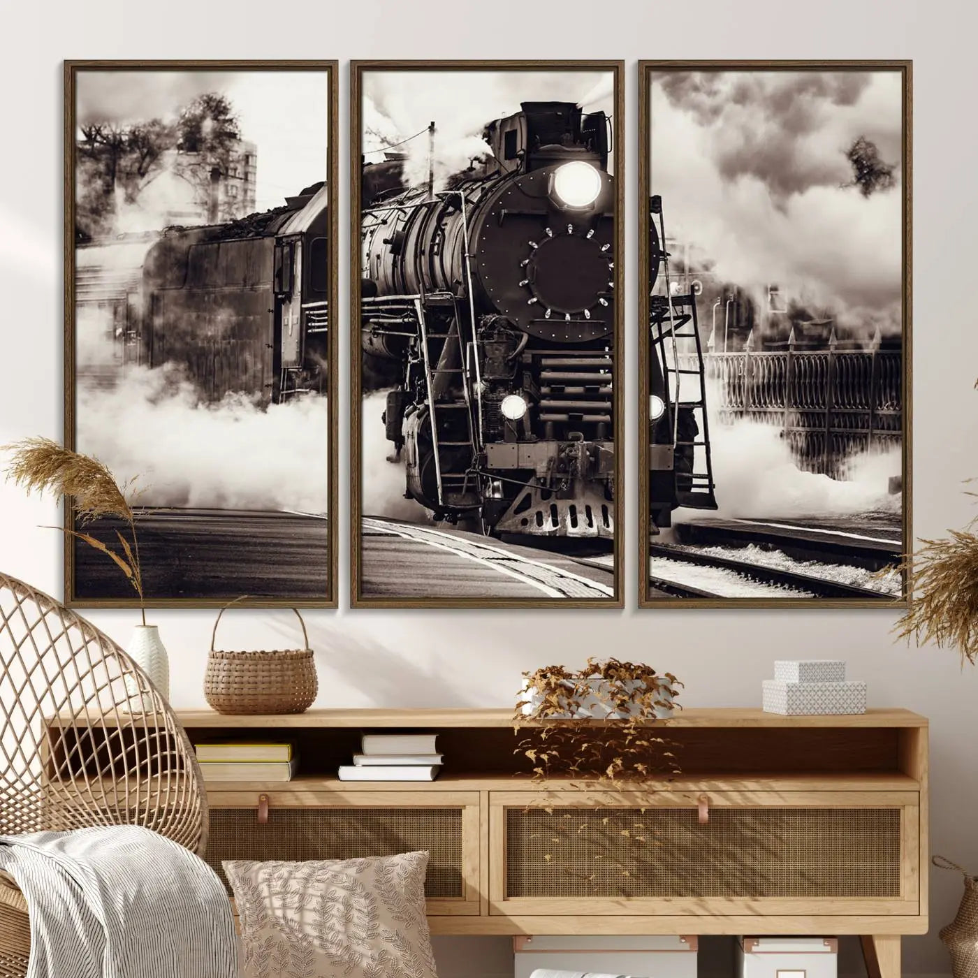 29695-MGV-FC-48X32-3P_Walnut-Black and White Steam Locomotive Canvas Wall Art Print