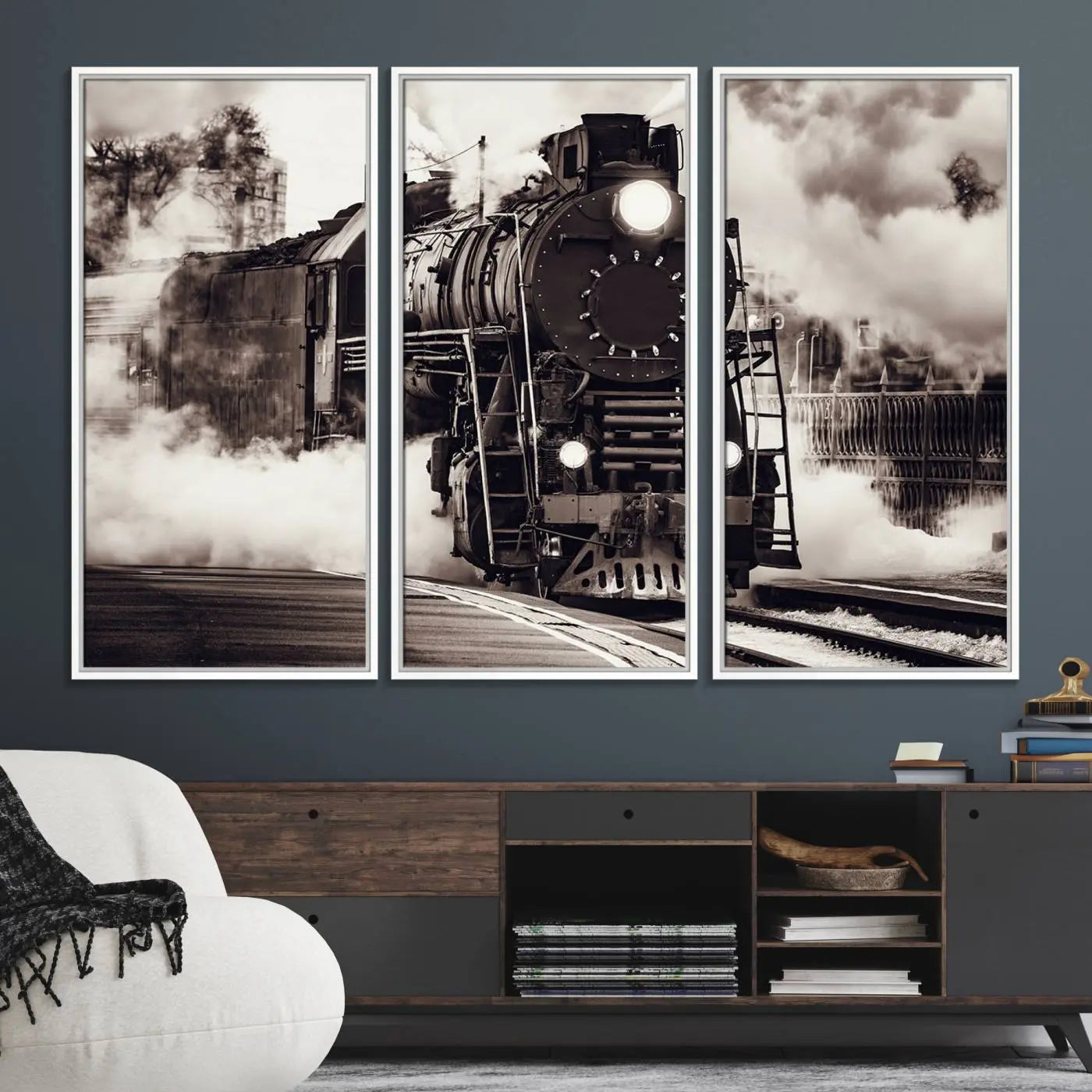 29695-MGV-FC-48X32-3P_White-Black and White Steam Locomotive Canvas Wall Art Print
